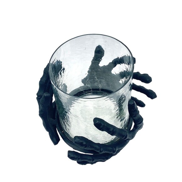 Black Metal Skeleton Hands Around Glass Candle Holder Gothic Halloween Spooky - Picture 5 of 7